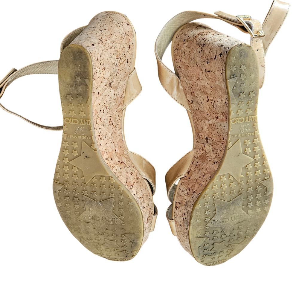 Jimmy Choo Nude Patent Leather Cork Wedge Sandals Ankle Strap Spain 38 Womens - Picture 8 of 9
